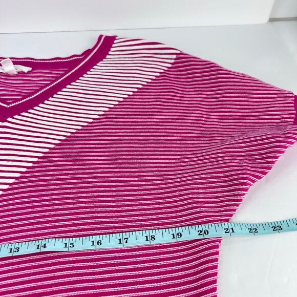 Ribbed Knit Asymmetrical Shoulder V Neck Colorblock 80s Inspired Pink Sweater L - Picture 9 of 10